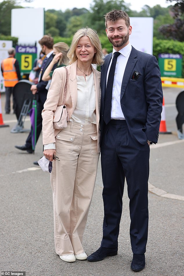 Cassius, 27, who was educated at Wellington College, Berkshire, and Goldsmiths, University of London, is the son of Lady Helen and her husband, the art dealer Timothy Taylor. In the photo: Cassius and his mother at Wimbledon in 2021