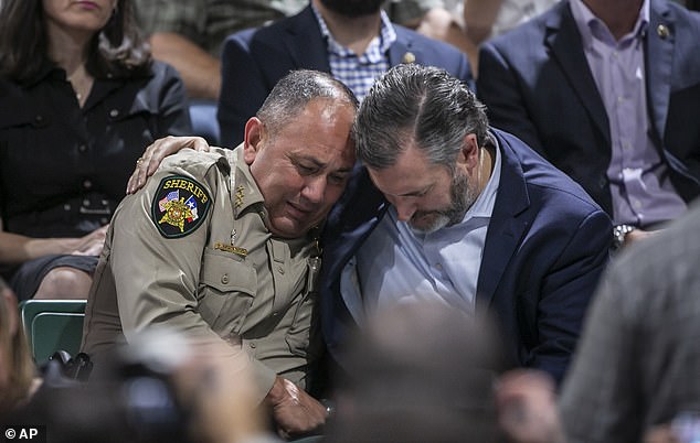 Uvalde County Sheriff Ruben Nolasco, left, is comforted by Ted Cruz. Nolasco was singled out for his catastrophic lack of leadership during the mass shooting.