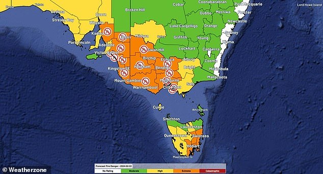 Predicted fire danger rating and total fire bans on Thursday