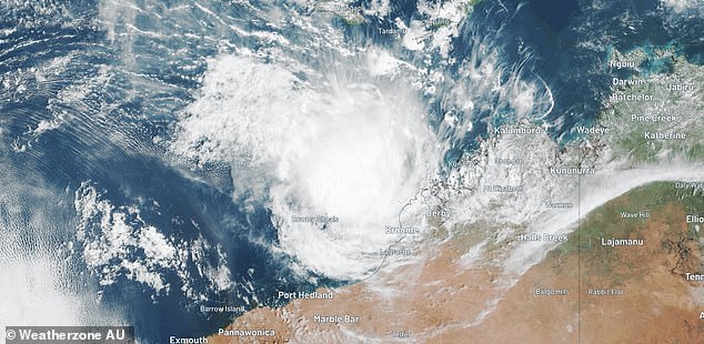 The former tropical cyclone (pictured) is expected to hit the western Pilbara coast and northern Gascoyne coast before rapidly weakening on Sunday.