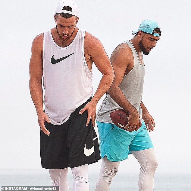 The football tight end, 31, accompanied Travis (both pictured), 34, Down Under as his friend joined his girlfriend Taylor in the country amid their Australian Eras tour.