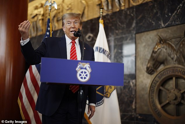 Trump speaks to reporters at the International Brotherhood of Teamsters headquarters on January 31, 2024 in Washington, DC after meeting with union boss Sean O'Brien.