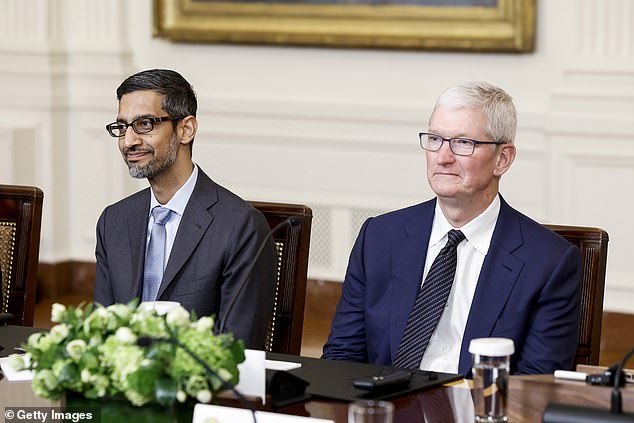Google CEO Sundar Pichai (L) and Apple CEO Tim Cook (R) are seen meeting with Biden in 2023. Ninety percent of political donations from Google employees went to Biden last year.