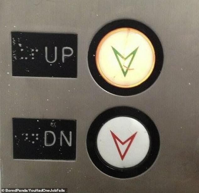 A maintenance worker confused people using an elevator after putting up and down buttons