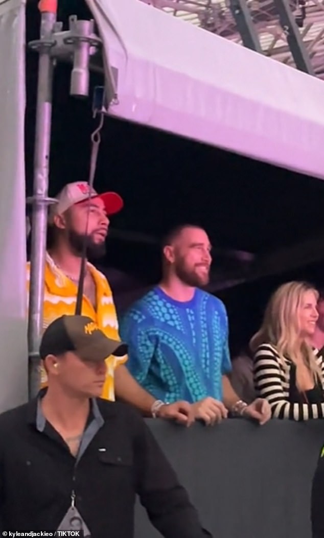 She proudly watched her boyfriend, Travis Kelce (pictured), who caused a roar from the crowd when he arrived to proudly watch his pop star lover do what he does best.