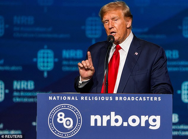 Trump addresses the 2024 National Association of Religious Broadcasters International Christian Media Convention, as part of the NRB Presidential Forum in Nashville, Tennessee, on Friday.