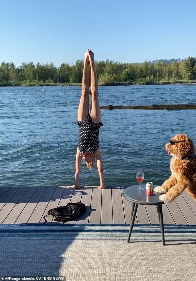 Reagan watched with stylish sunglasses and a glass of soda as Sandi completed a handstand.