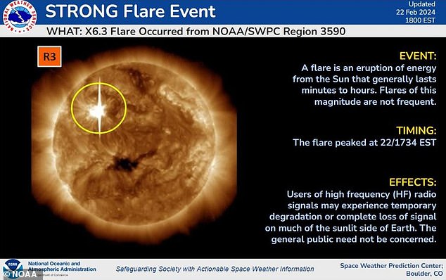 The X6.3 solar flare is also the largest of the three that have occurred since Wednesday, according to the National Oceanic and Atmospheric Administration (NOAA).