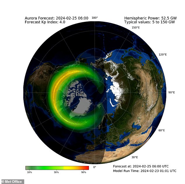 Sunday: An animation from the Met Office shows the auroral oval, the ring-shaped range of auroral activity that determines the extent of the northern lights and where it will be most visible.