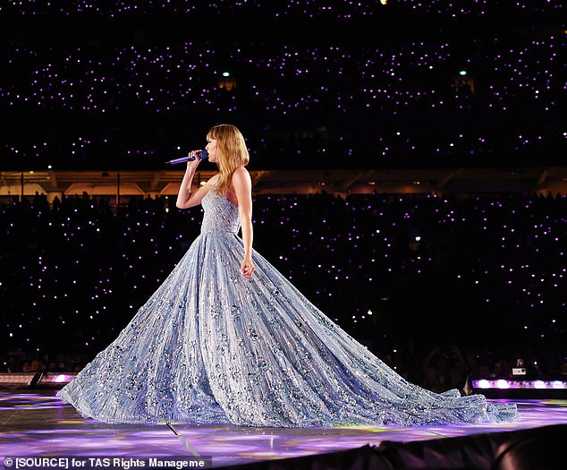 One of the most spectacular looks is the elaborate blue ballgown she wore representing the Speak Now era.