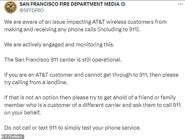 The San Francisco Fire Department issued a statement saying they had been informed of the problem and urged citizens to try calling from a landline.