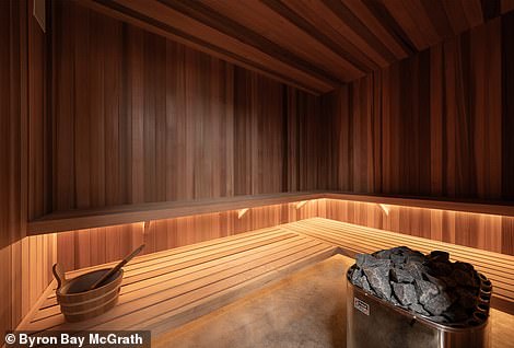 The basement also houses a 10-person hot rock sauna with mood lighting, as well as its own pilates and yoga studio and ice bath terrace with outdoor shower.