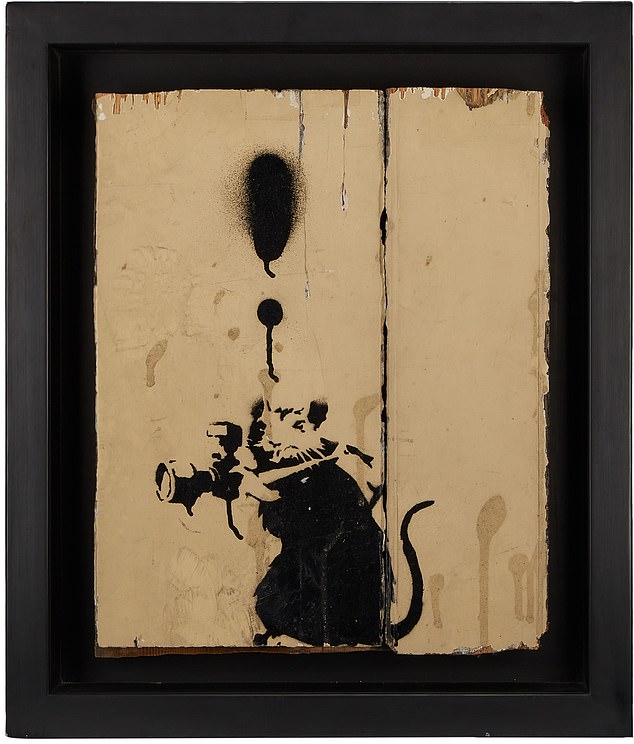 Pictured: Banksy's 'Mayfair Paparazzi Rat' London stencil painting which sold for $142,875 at Julien's auction on Thursday.