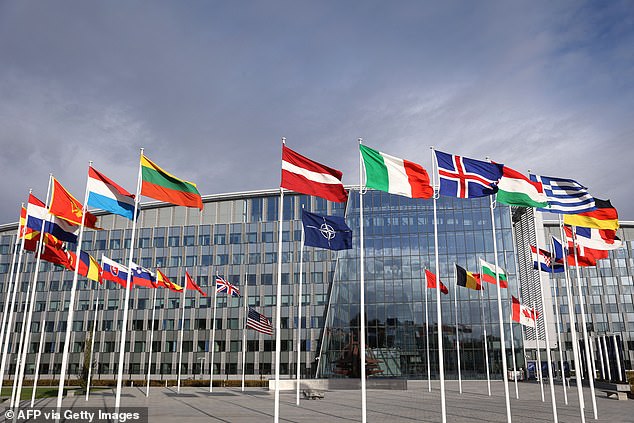 Flags of member countries of the North Atlantic Treaty Organization (NATO) at the alliance's headquarters in Belgium