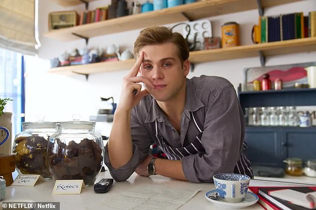 Heartthrob Leo Woodall's character Dexter Mayhew briefly appears working behind the counter at La Maison in London's Highbury during the 14-part series (pictured)