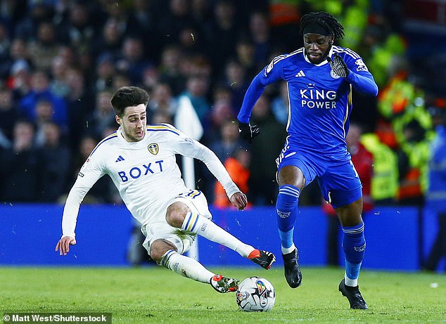 Leeds' Ilia Gruev tries to win the ball from Leicester attacker Stephy Mavididi