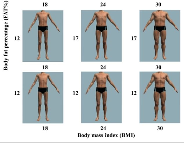 Women in Italy were asked to rate which male body type they found most attractive by varying body fat percentage and body mass index (BMI). They found that the man in the top center was the most attractive.