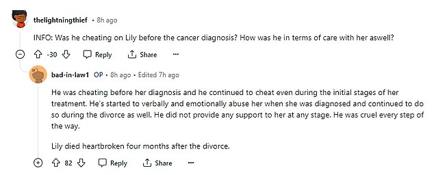 Grace 'verbally destroyed' Chris for what he did to his late wife. According to the OP, Chris verbally and emotionally abused Lily during his battle with cancer and during her divorce.