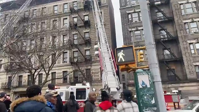 Firefighters accessed the roof of the apartment building and dropped ropes to rescue people hanging from windows and fire escapes.