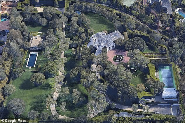 The opulent nine-acre Beverly Hills estate is seen from the air.  It was designed in the 1930s by media magnate Jack Warner.