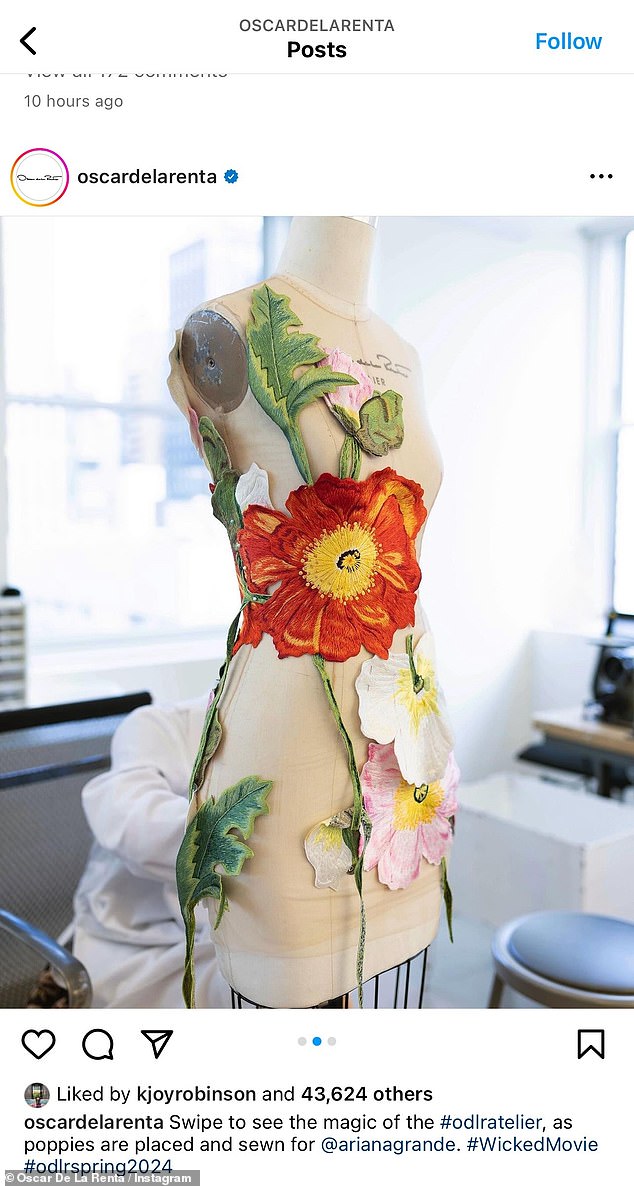 The Oscar de la Renta brand showed the making of the floral minidress with some photos of the striking number in different stages of creation.