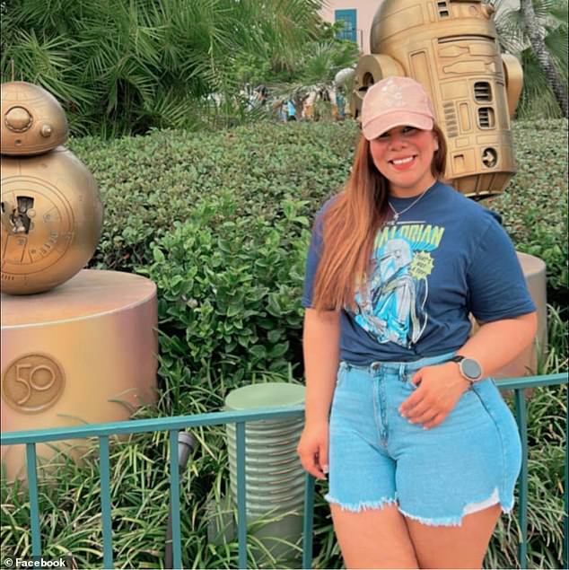 In another photo taken from her cold-blooded vacation, Candelario donned jean shorts and a Star Wars 'Mandalorian' T-shirt while appearing to visit a Star Wars theme park.