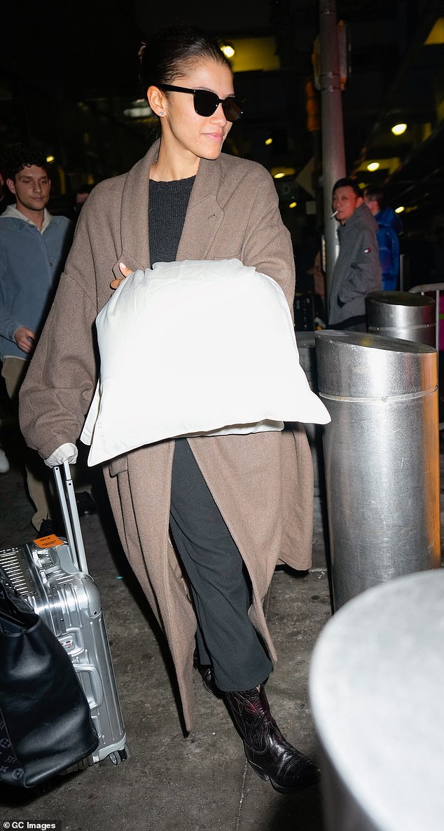 Zendaya rolled her silver suitcase with one hand while holding her pillow with the other.
