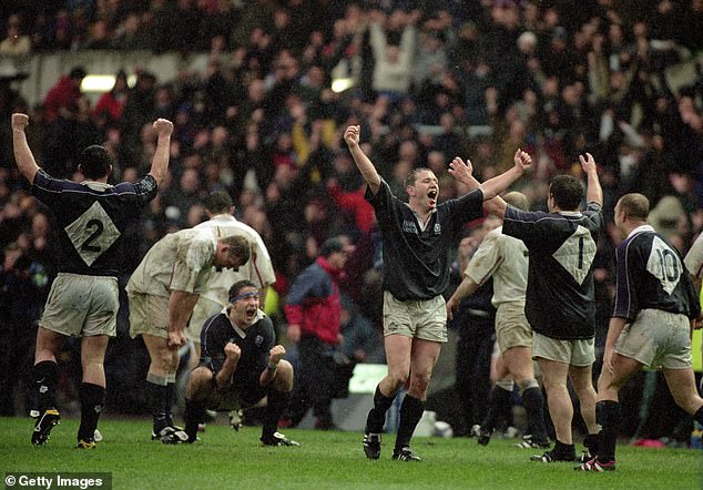 Scotland celebrate victory during the Six Nations Championship at Murrayfield in 2000
