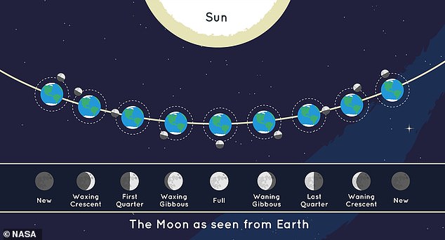 We see the Moon fully illuminated when it, the Earth, and the Sun are all in syzygy, meaning they are aligned. While this technically only happens for a moment, the moon still appears full one day on either side of this point.