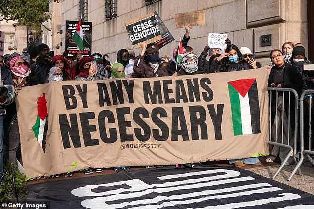 Students demonstrated in support of Palestine and free speech outside the Columbia University campus in November in New York City. The university suspended two student organizations, Students for Justice in Palestine and Jewish Voices for Peace, for violating university policies.
