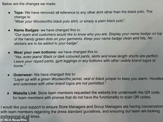 The leaked Woolworths dress code memo. Photo: 7News