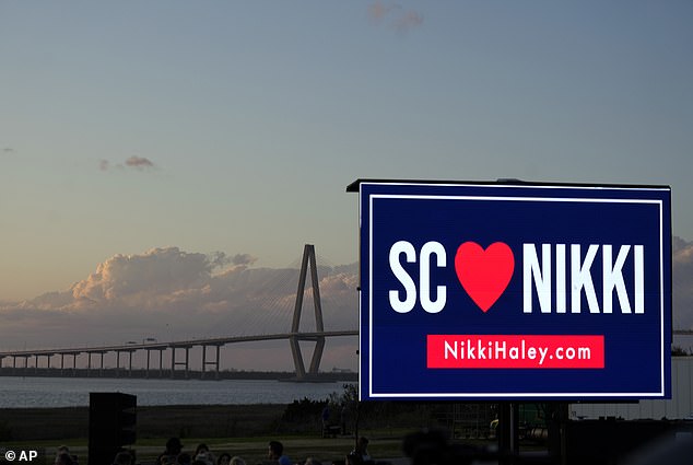 The Arthur Ravenel Jr. Bridge connecting Charleston to Mount Pleasant is seen in the background of Nikki Haley's final campaign stop in her home state of South Carolina before Election Day voting began Saturday.