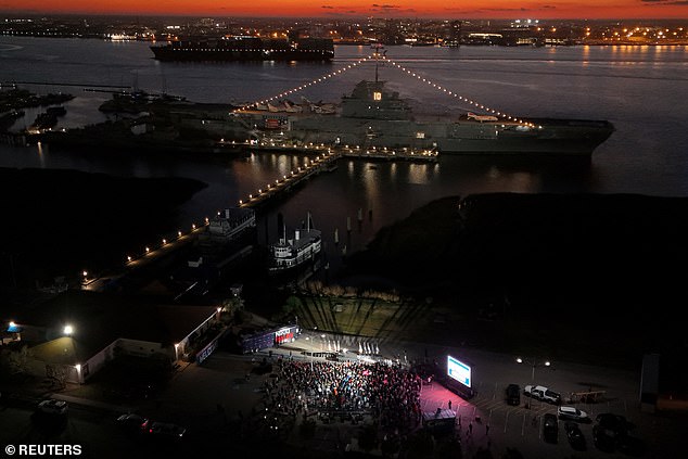A drone shot shows the scene of Nikki Haley's last rally in South Carolina: at the Patriot's Point Naval and Maritime Museum, located in Mount Pleasant, across from the city of Charleston.