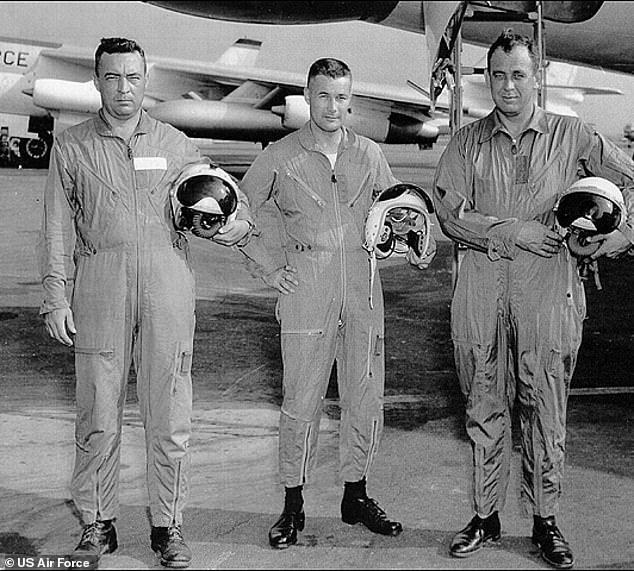 B-47 crew, from left, Maj. Howard Richardson, Lt. Bob Lagerstrom, and Capt. Leland Woolard