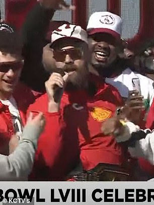 Kelce almost falls on stage