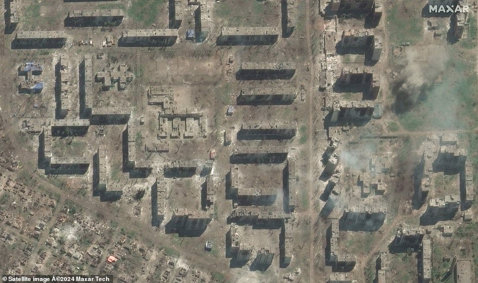 A school and apartment buildings in the eastern town of Bakhmut, Donetsk Oblast, on May 15, 2023, amid the Russian military invasion of Ukraine.