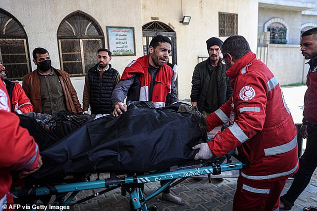 Medics transport a body to al-Najjar hospital in Rafah following an Israeli airstrike on the Rafah refugee camp.