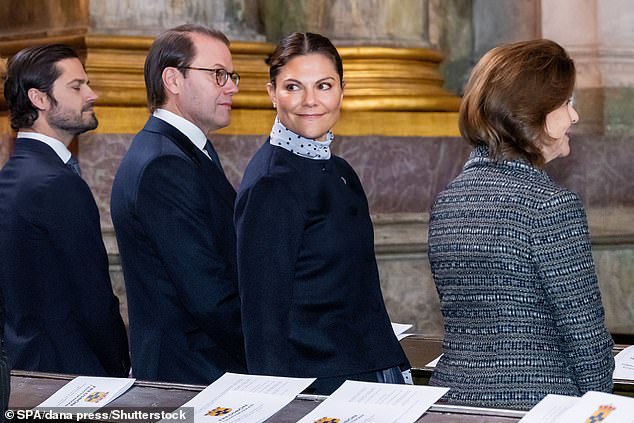 Queen Silvia, Crown Princess Victoria, Prince Daniel, Prince Carl Philip, prayer for peace in the castle church at the Royal Palace in Stockholm, Sweden