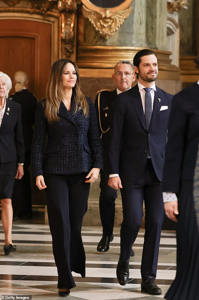 Also in attendance were Prince Carl Philip and Princess Sofia, who opted for dark-coloured outfits as they prayed for peace to be restored to Europe.