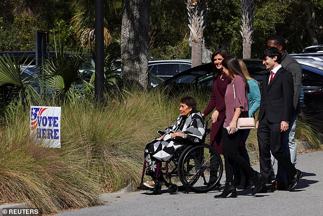 Nikki Haley heads to her polling place Saturday in Kiawah Island, South Carolina, with her mother Raj, son Nalin, daughter Rena and son-in-law Joshua as she prepares for a possible loss to former President Donald Trump in her state native.