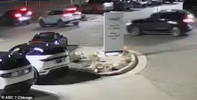 The video then shows the thieves driving the luxury cars in a movie-style line out of the dealership and onto a highway.