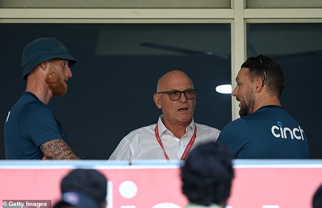 Stokes (left) and England head coach Brendon McCullum speak to match referee Jeff Crowe after Zak Crawley was sent off in a controversial DRS decision in the third Test.