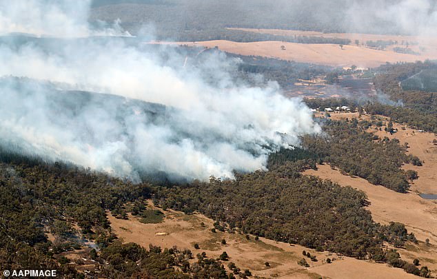 North of Beaufort, near Ballarat in Victoria (pictured), an out-of-control bushfire has raged.