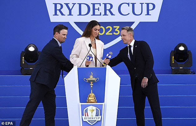 Satta hosts the 2023 Ryder Cup opening ceremony in Rome and is pictured with European team captain Luke Donald and his American counterpart Zach Johnson.