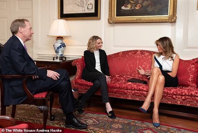 Melania Trump meets with Microsoft President Brad Smith and Chief Communications Officer Carol Ann Brown in May 2019 in the Map Room, a location she preferred to meet with her aides because it was close to the company's residence. White House.