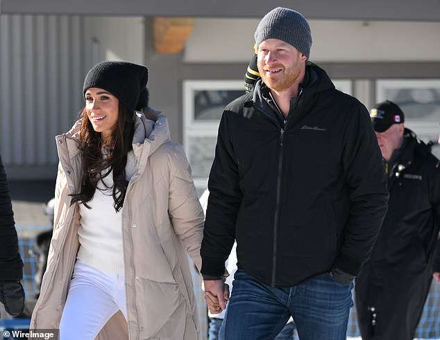 Called Prince Harry's Mission: Life, Family and the Invictus Games, the show is based on interviews Harry gave to ABC News when he was in Whistler, Canada, promoting the games. The couple is pictured on February 14, 2024.