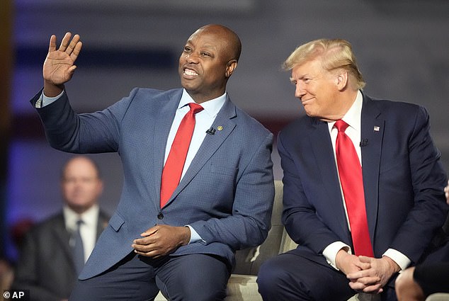 Scott sitting next to Trump at a Fox News Channel town hall on February 20 in Greenville, South Carolina. During the town hall, Trump confirmed that Scott was on his vice presidential list along with five other people.