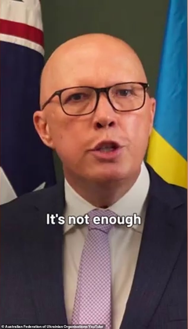 Opposition leader Peter Dutton also appeared in the video, but with the Australian and Ukrainian flags hanging on either side (pictured).