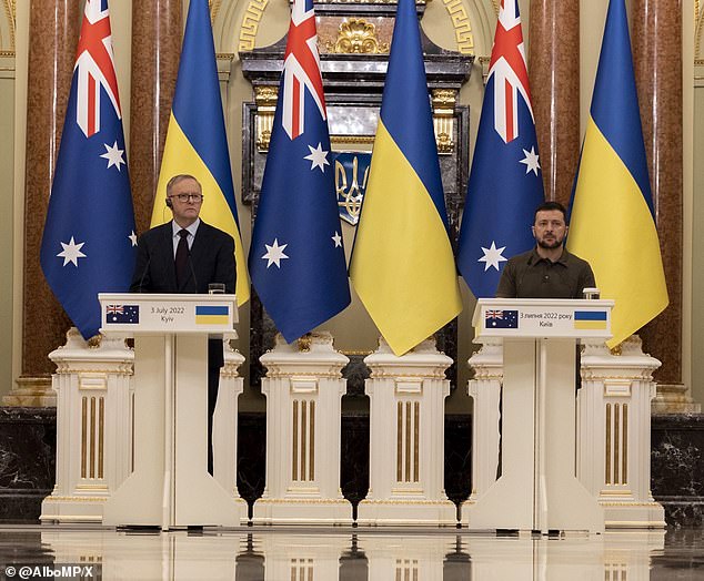The video was released on the second anniversary of the war in Ukraine, and Albanese (pictured with Ukrainian President Volodymyr Zelenskyy) sends his condolences on behalf of Australians.