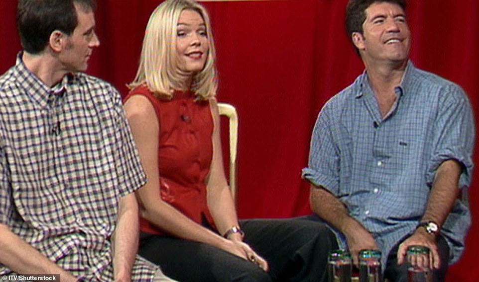 1999: Cowell, 40, with Ray Hedges and Kate Thornton while judging the This Morning Boy Band competition.